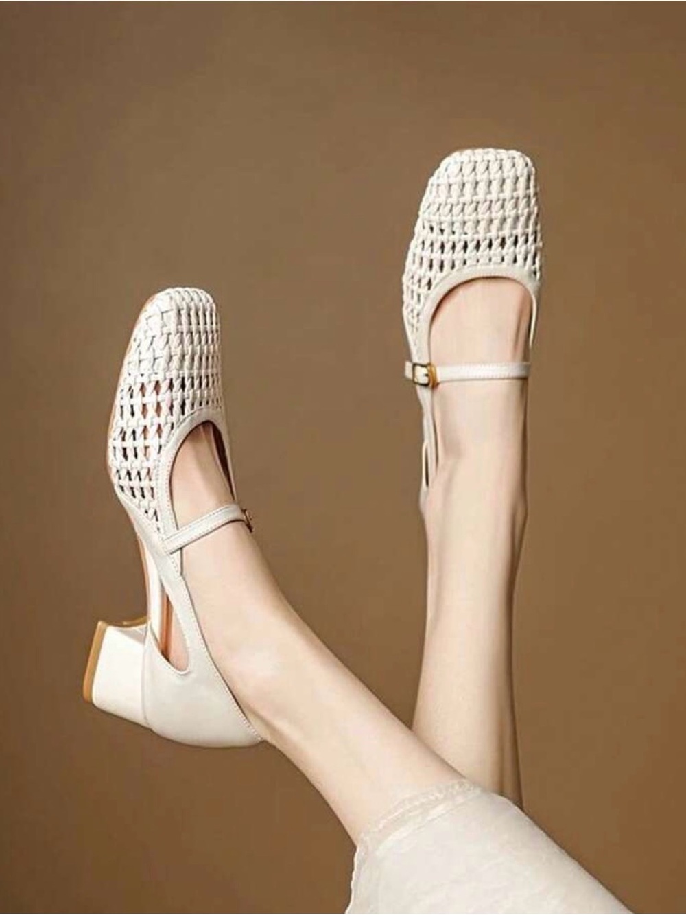 Woven Heel Pumps in Cream